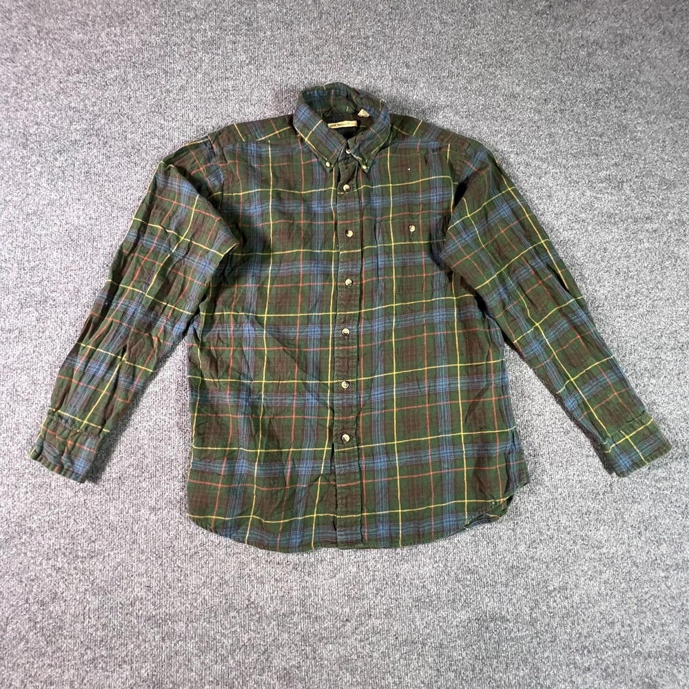 G.H. Bass & Co Flannel Shirt Mens Medium Green Blue Plaid Button Front Everyday